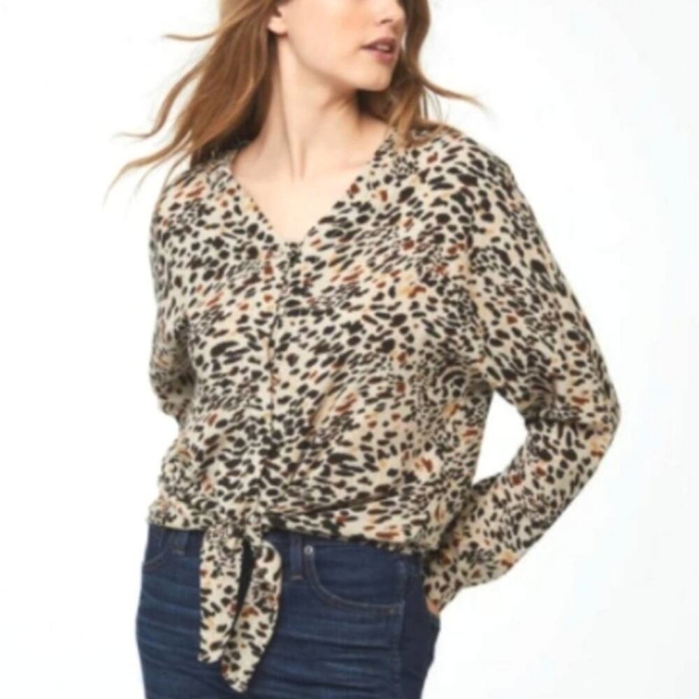 Beachlunchlounge Leopard Animal Print Button Front Tie Waist Long Sleeve Top M